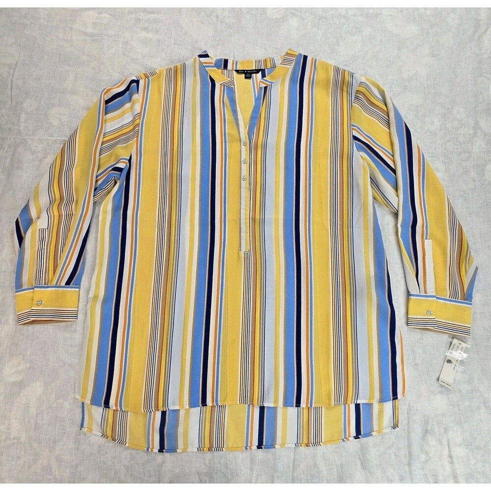 Zac & Rachel Gold Blue Striped Button Blouse Split Neck Women XL NWT
